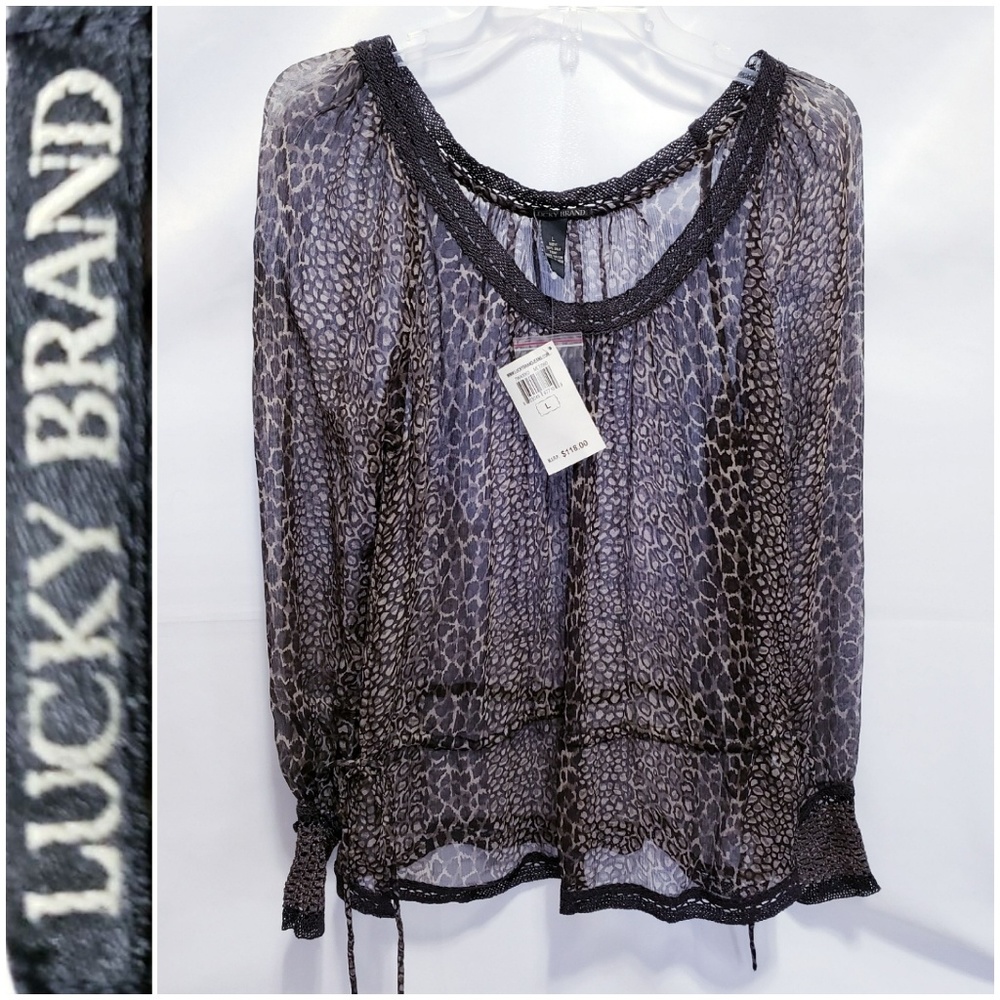 ❤️FINAL💲NWT! Lucky Brand 100% silk animal print long sleeve top sheer LARGE🤍